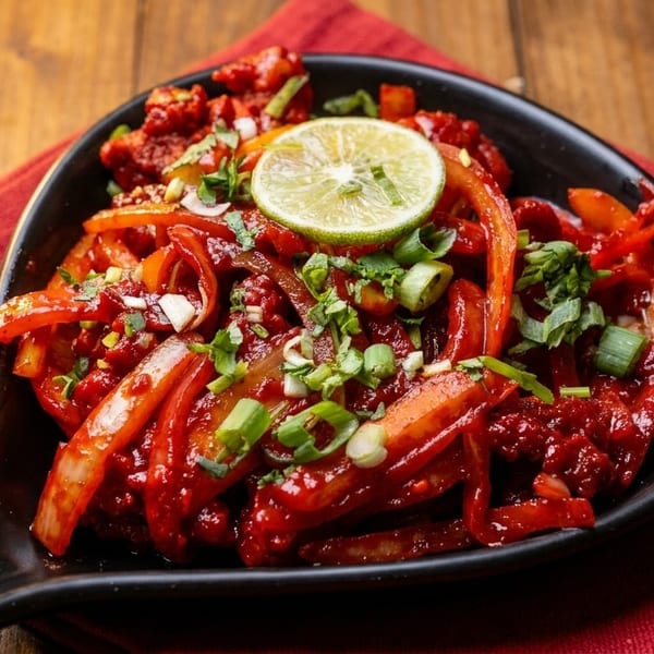 Spicy red chili chicken with bell peppers, onions, and lime in a black dish on a red napkin.