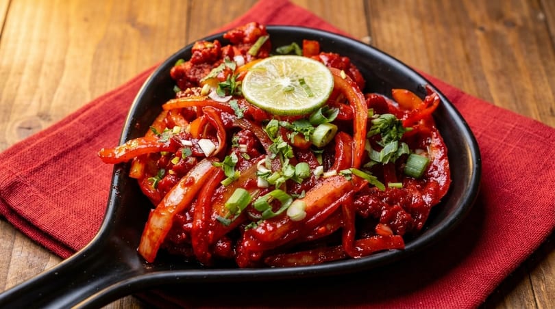 Spicy red chili chicken with bell peppers, onions, and lime in a black dish on a red napkin.