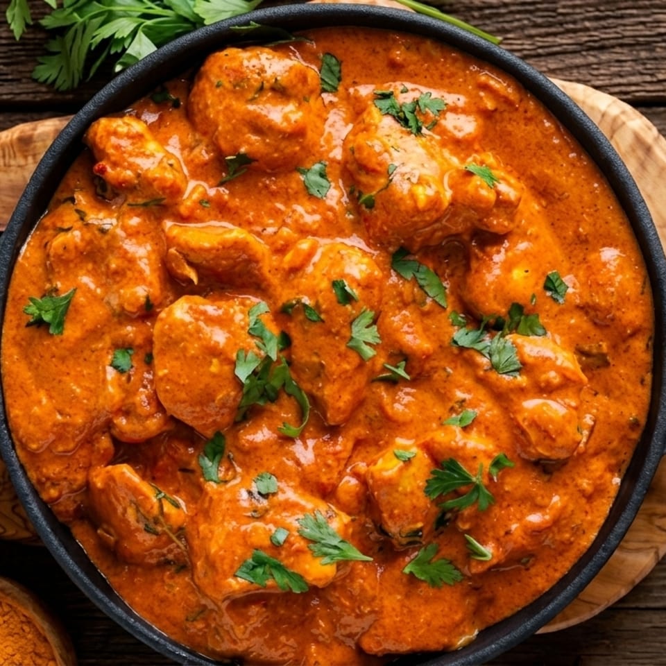 A black cast iron pan filled with vibrant orange chicken curry, garnished with fresh cilantro.