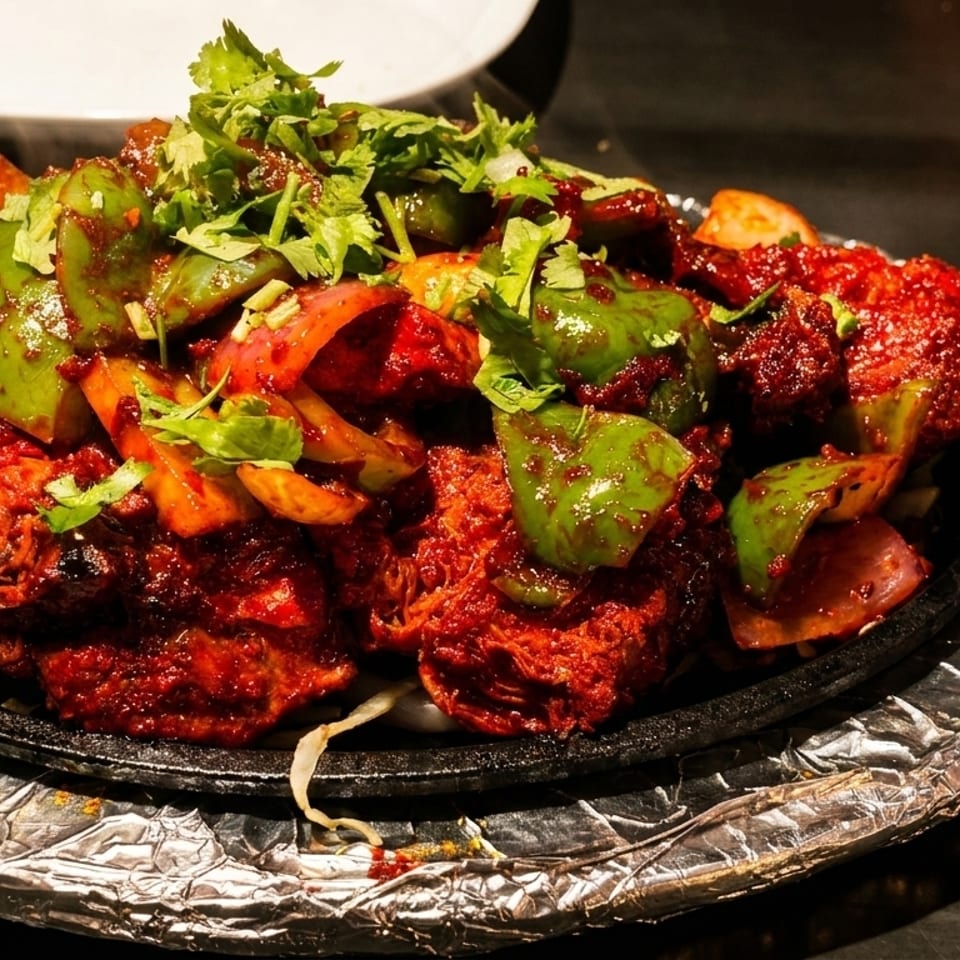 Sizzling red chicken tikka with green bell peppers, onions, and cilantro on a hot plate.