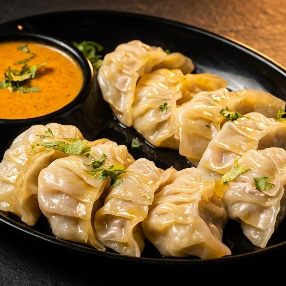 Steamed momos with a side of orange dipping sauce, garnished with fresh cilantro on a black plate.