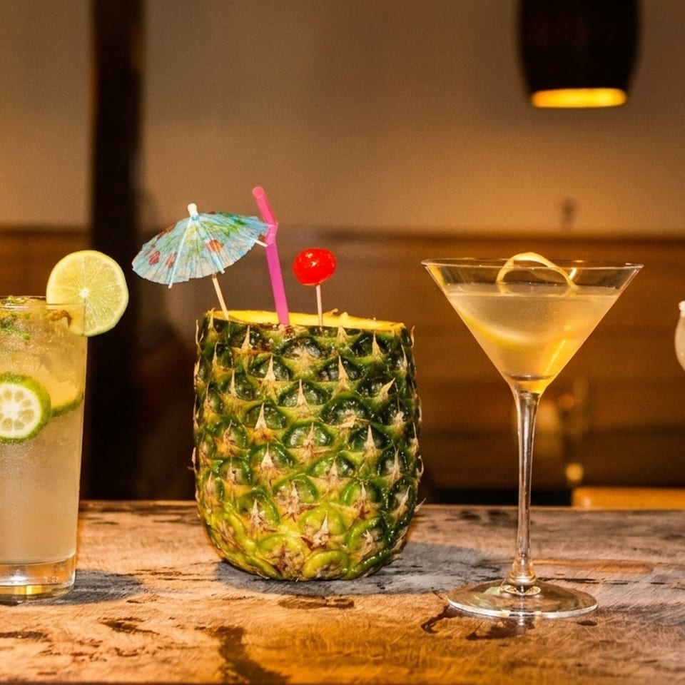 Five colorful cocktails, including one in a pineapple, on a rustic wooden bar.