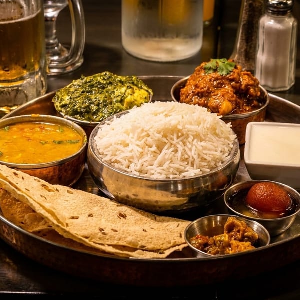 A thali platter with rice, dal, palak paneer, chicken curry, yogurt, gulab jamun, and papadum.