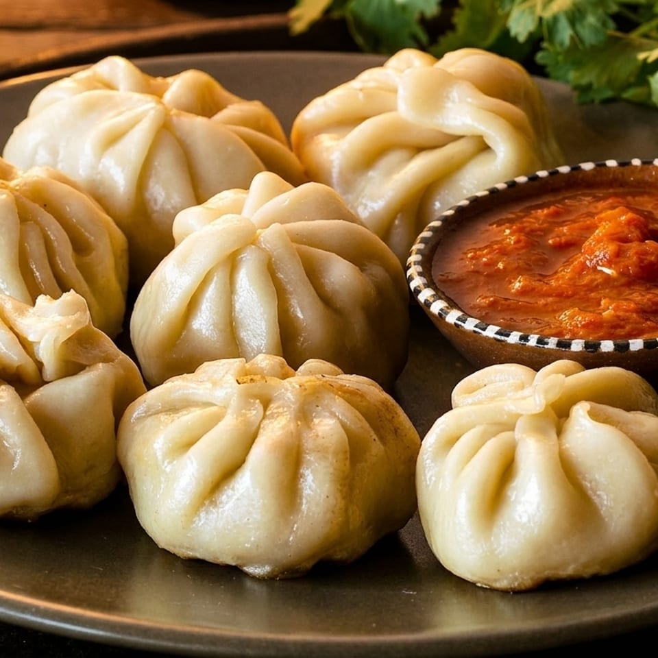 A plate of steamed momos with a side of red chili sauce and fresh cilantro.